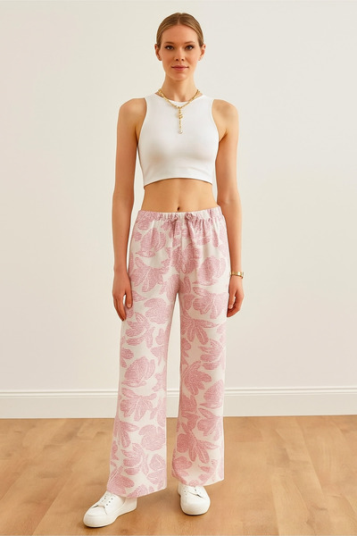 SheLoria Women's Pink White Belted Elastic Waist Relaxed Fit Palazzo Linen Tr...