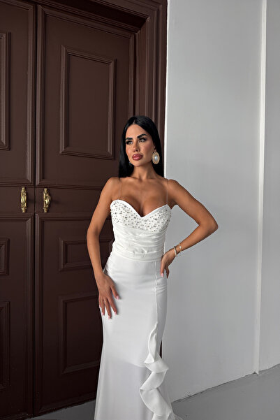 kamacibutik Pearl Embroidered Strapless Princess Evening Dress