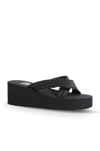 Bueno Shoes Black Sand Glitter Women's Wedge Heeled Slippers 26Wt230064