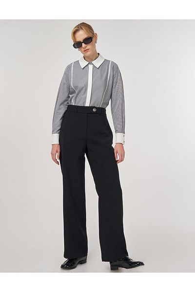 Kayra Button Detailed Fabric Trousers Black