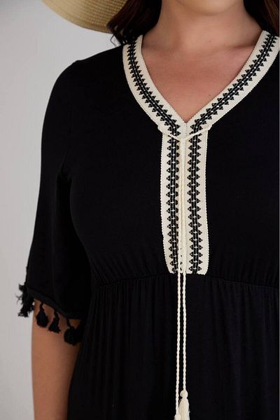 FOR ESRA BIG TREND Women's Plus Size V Neck Embroidery Processing Sleeve Lace Tassel Detail Flounced Stretchy Viscose Dress