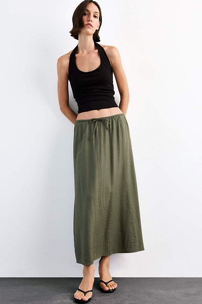 DeFacto Relax Fit Elastic Waist Crinkle Fabric Midi Skirt G1093Ax25Sm