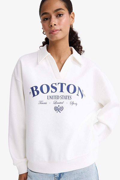 DeFacto Relax Fit Polo Neck Printed Thick Sweatshirt F1064Ax25Au