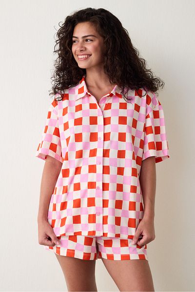 Penti Plaid Shirt Collar Short Sleeve Button Shorts Pajama Set