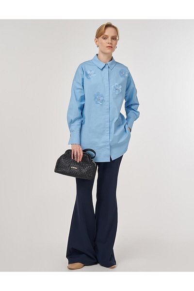 Kayra Flower Embroidered Cotton Tunic Dust Smoke
