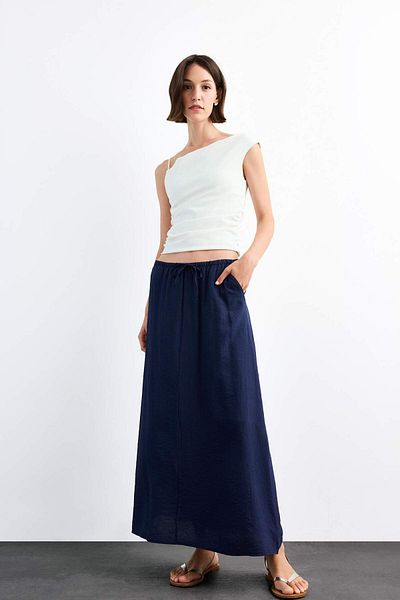 DeFacto Relax Fit Elastic Waist Crinkle Fabric Midi Skirt G1093Ax25Sm