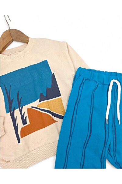 Egelite Hanorac cu imprimeu peisaj pentru băiat, set de trening cu design original, cu pantaloni în dungi
