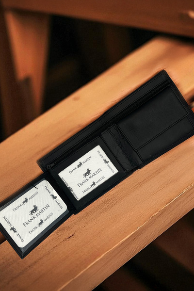 Frank Martin Fox Men's Coin Hidden Compartment Original Genuine Leather Wallet Black