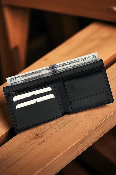 Frank Martin Fox Men's Coin Hidden Compartment Original Genuine Leather Wallet Black