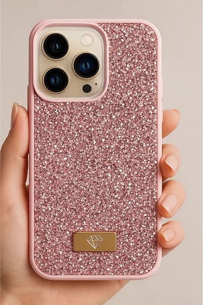 Fibaks حافظة Apple iPhone 16 Pro من الداخل مصنوعة من السيليكون الماسي اللامع مع تصميم ماسي مخملي وحجر وردي
