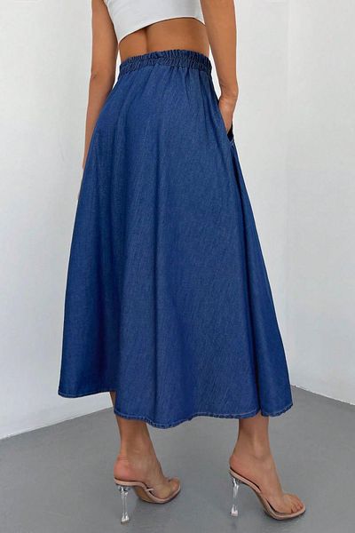 Jacarsman Women's High Waist Buttoned Pocket Midi Gabardine Denim Jeans Skirt – Comfortable Casual Skirt with Elastic Waist