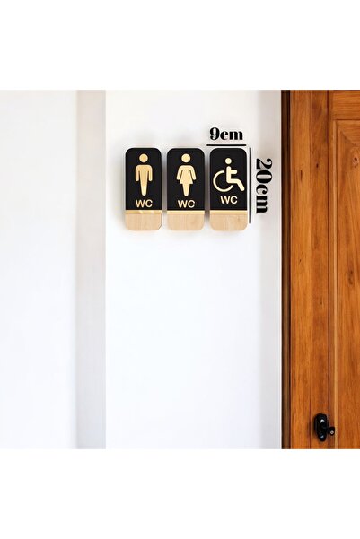 HippoDeco Ahşap Gold/Gümüş Pleksi Ayna WC Kapı Tabelası – Bay Engelli Tuvalet İşareti (9x20 cm)