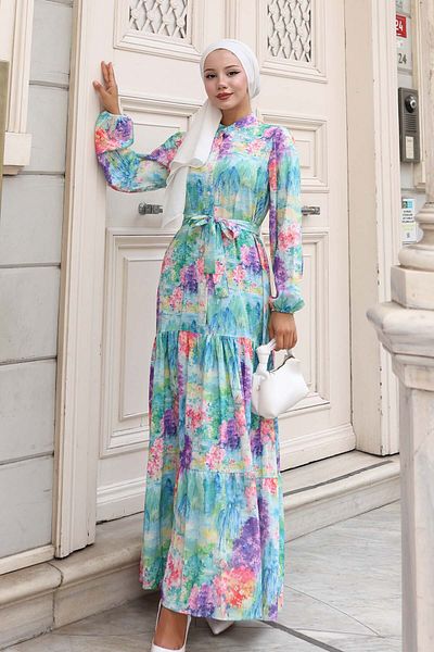 benguen Patterned Hijab Dress Purple 579