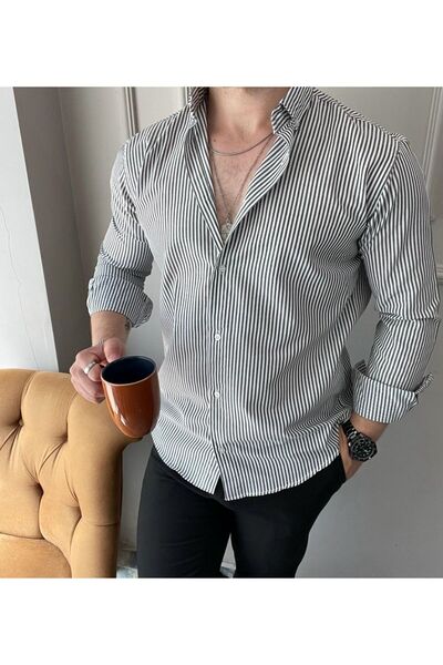 zaos fashion yerli terikoton kumaş dikine ince çizgili gömlek