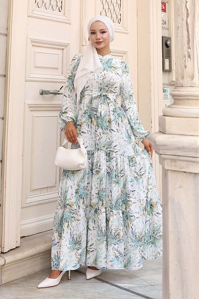 benguen Patterned Hijab Dress Green 579