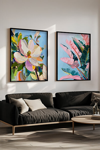 STARYUNA Set de pictură dublă cu rame din lemn negru cu modele de flori color...