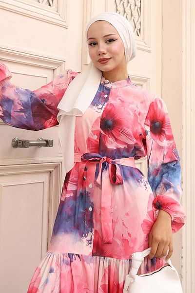 benguen Patterned Hijab Dress Fuchsia 580