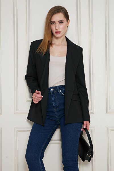 LOVELF 2 Düğmeli Kruvaze Poliviskon Ceket Siyah