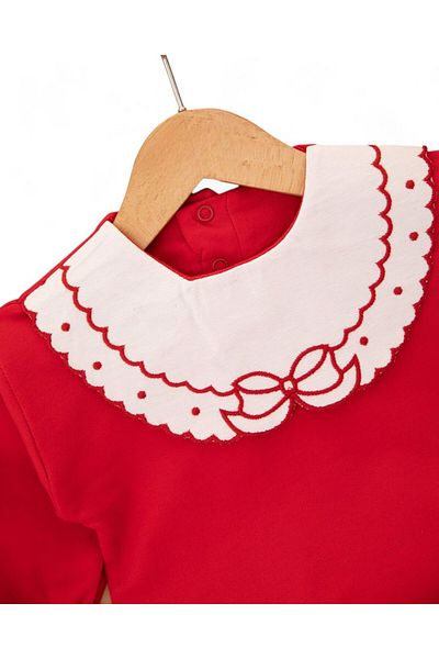 Ege Bebek Baby Girl Red Ribbon Detailed Baby Collar, Spanish Long Leggings 6-9-12-18-24 Months Baby Set