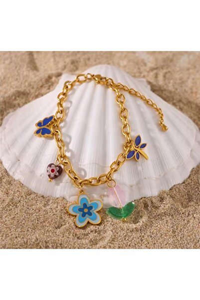 Pelin Aksesuar Flower Butterfly Tulip Charm Steel Bracelet