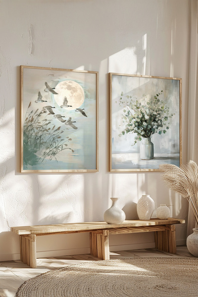 STARYUNA Ahşap Çerçeveli Ay ve Uçan Kuşlar ile Vazoda Çiçek Desenli Yağlıboya Efektl İkili Tablo Seti Yuna265