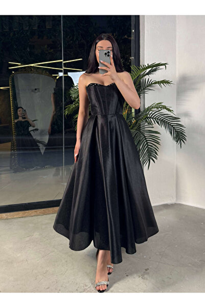 missswans Annet Dekoltesi Boncuk İşlemeli Straplez Korse Görünümlü Midi Boy Prenses Abiye Elbise Siyah