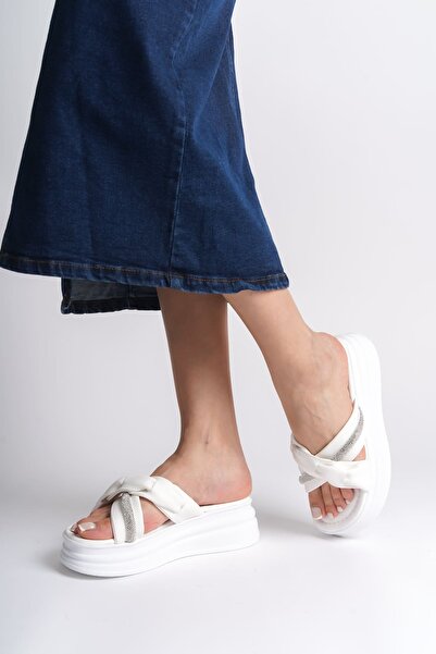 EBRUS TREND Jet-Clara Flat Heeled Ribbon Patterned Stone Thick and Orthopedic Sole Women's Slippers Cbt - White