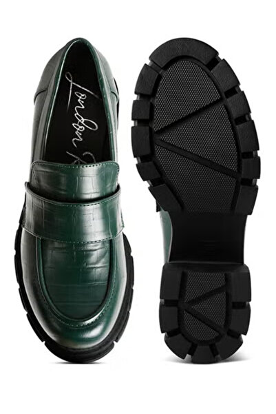 london Rag Women Dark Green Chunky Block Heel Loafers