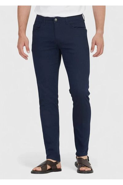 Ramsey Navy Blue Straight Woven Casual Cotton Blended Trousers