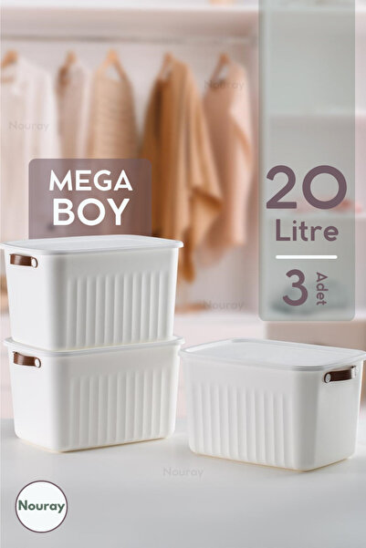 nouray MEGA BOY 20LT Beyaz 3 Adet Çok Amaçlı Düzenleyici Kapaklı Kutu, Organizer