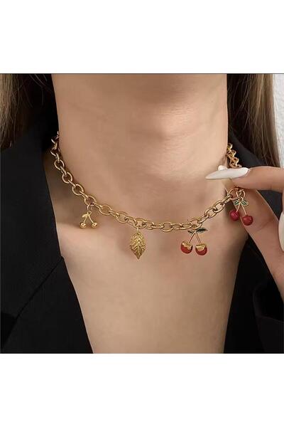 Pelin Aksesuar Cherry Figured Charm Steel Necklace