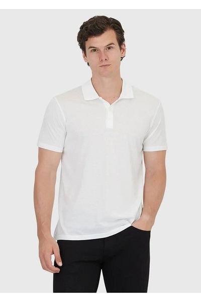 Ramsey White Plain Polo Neck Cotton Blend T-Shirt