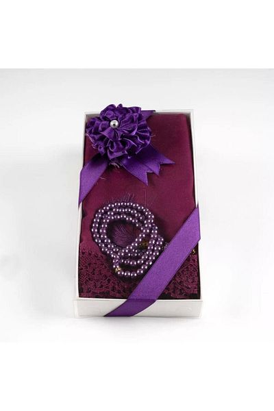 nurfemina Purple Lace Edged Shawl and Pearl Prayer Beads Gift Set - Stylish Hijab Accessory with Special Box