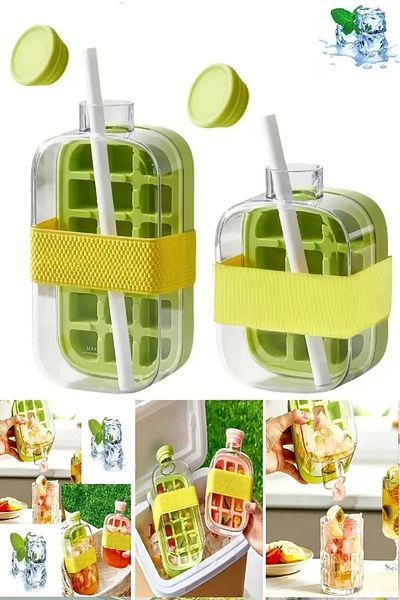 Rosemor 2-Piece Press New Generation Ice Mold with Straw Water Bottle Compartment Ice Cube 800 ml 500 ml