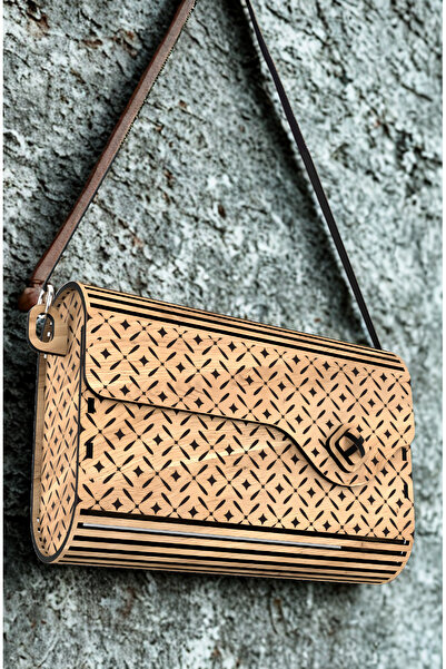 GÜL MZC Bohemian Patterned Wooden Shoulder Bag – Maple Color, 13X21X6 cm