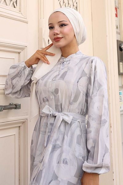 benguen Patterned Hijab Dress Gray 582
