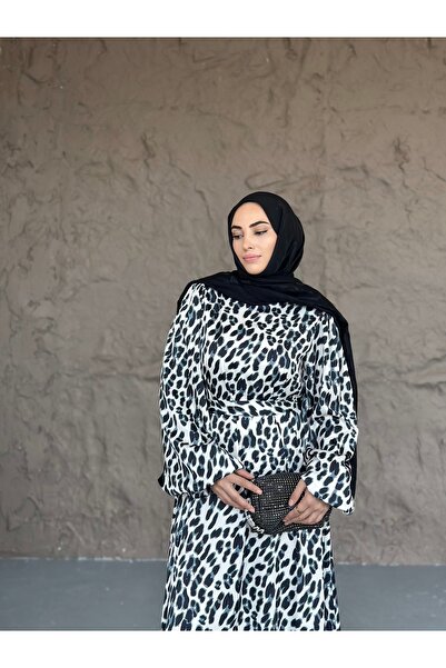 She Olive Μαύρο και άσπρο λεοπάρ σατέν μακρύ φόρεμα χιτζάμπ - Κομψό σχέδιο