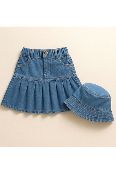 Calisa Girl's Denim Skirt and Bucket Hat Set