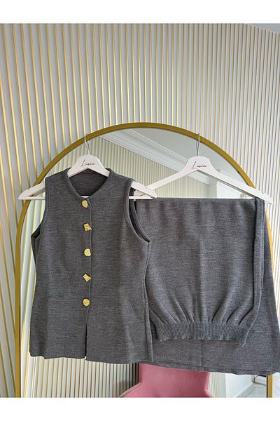 Lusin Women's Stylish Button Detailed Gray Vest Skirt Bottom Top Double Knitwear Set