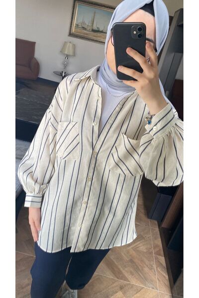 Reyon OVERSİZE LACİVERT ÇİZGİLİ GÖMLEK