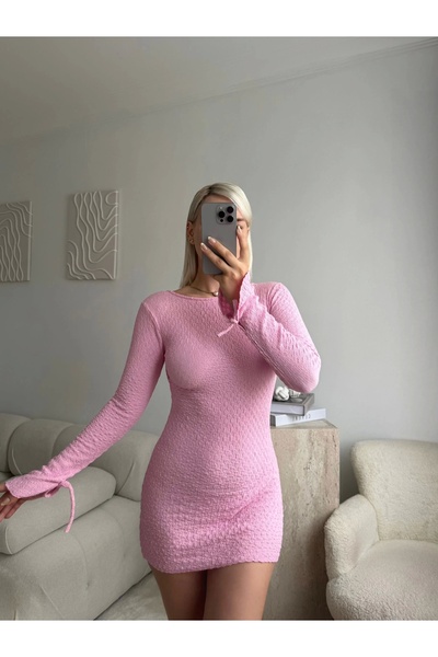 Zora Butik Sırt Dekolteli, Bağcıklı Uzun Kollu Mini Elbise - PEMBE