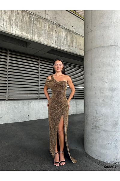 Modafeminen One Shoulder Slit Stone Flowers Dress Gold 583304