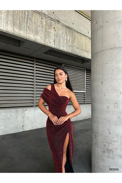 Modafeminen One shoulder Slit stone flowers dress red 583304