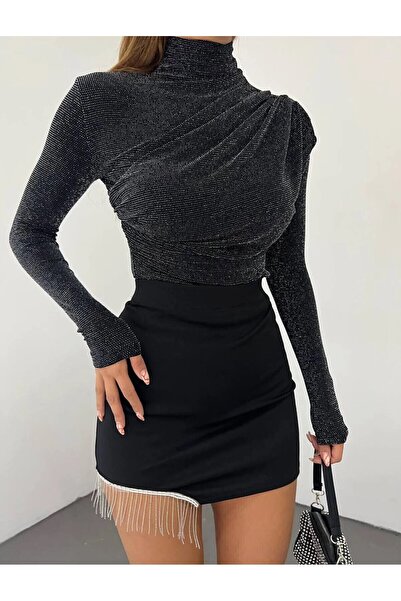 peri tower Kadın Simli Siyah Büzgü Detaylı Dik Yaka Sandy Bluz