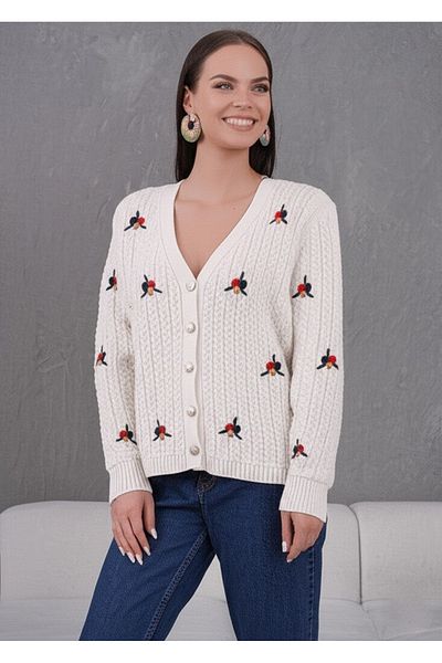 FLEX FASHION Women's Trend Popular Flower Embroidered 60 cm Cream Knitwear Cardigan