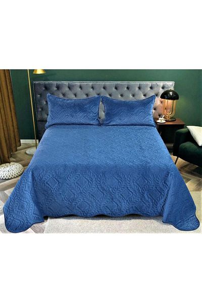 Pufulino Velvet Bedspread Set, Blue, 3 Pieces, Double Bed, 220×240 cm