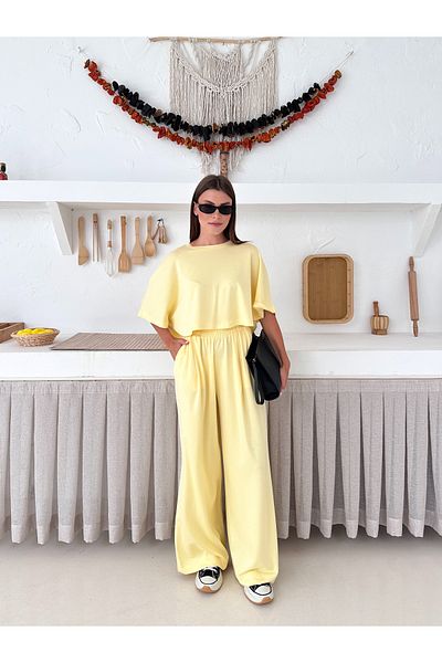 LE CARAMBOLE Women's Yellow Oversize Blouse Waist Elastic Wide Leg Pants Top-Top Set