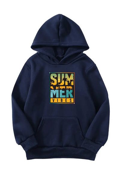 VBSVİBES Unisex Oversize Hooded Winter Summer Vibes Printed Hooded Sweatshirt - Navy Blue