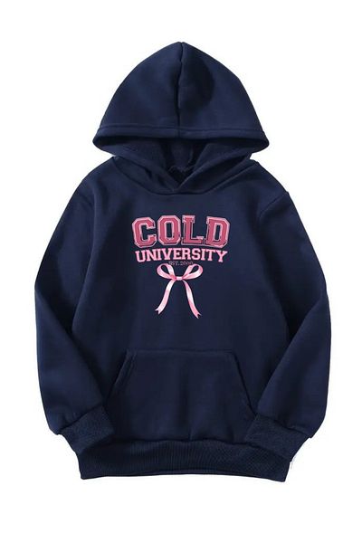 VBSVİBES Unisex Oversize Hooded Winter Cold Universty Printed Hooded Sweatshirt - Navy Blue