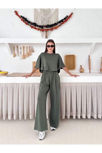 LE CARAMBOLE Women's Khaki Oversize Blouse Waist Elastic Wide Leg Pants Top-Top Set